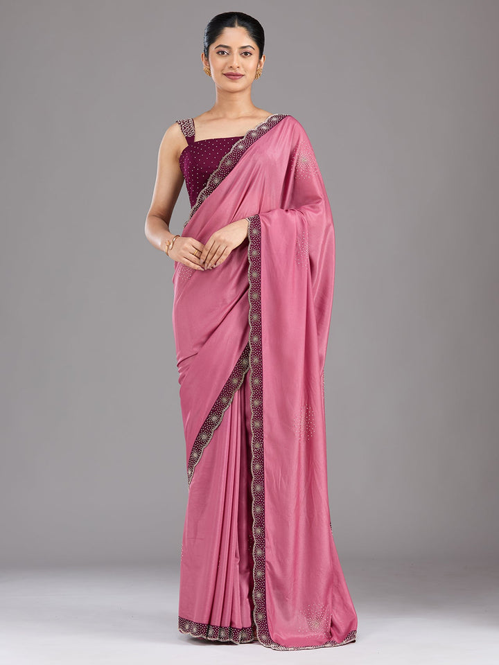 Onion Pink Stonework (Silver) Velvet Saree-Koskii
