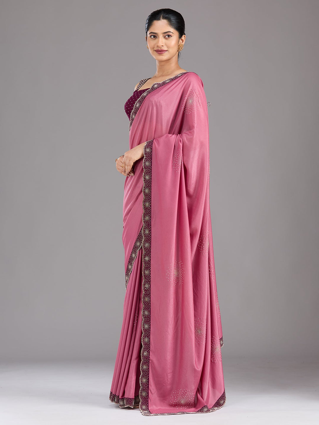 Onion Pink Stonework (Silver) Velvet Saree-Koskii