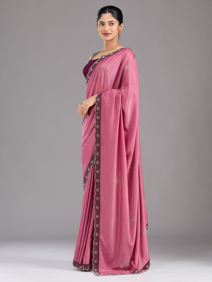 Onion Pink Stonework (Silver) Velvet Saree-Koskii