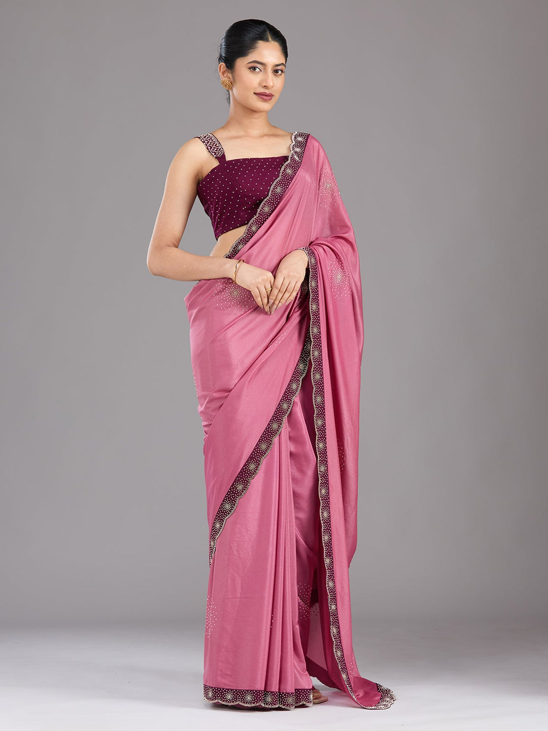 Onion Pink Stonework (Silver) Velvet Saree-Koskii