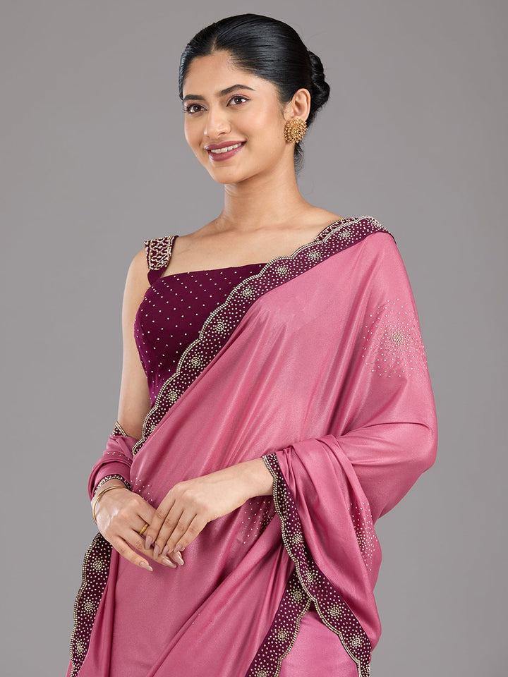 Onion Pink Stonework (Silver) Velvet Saree-Koskii