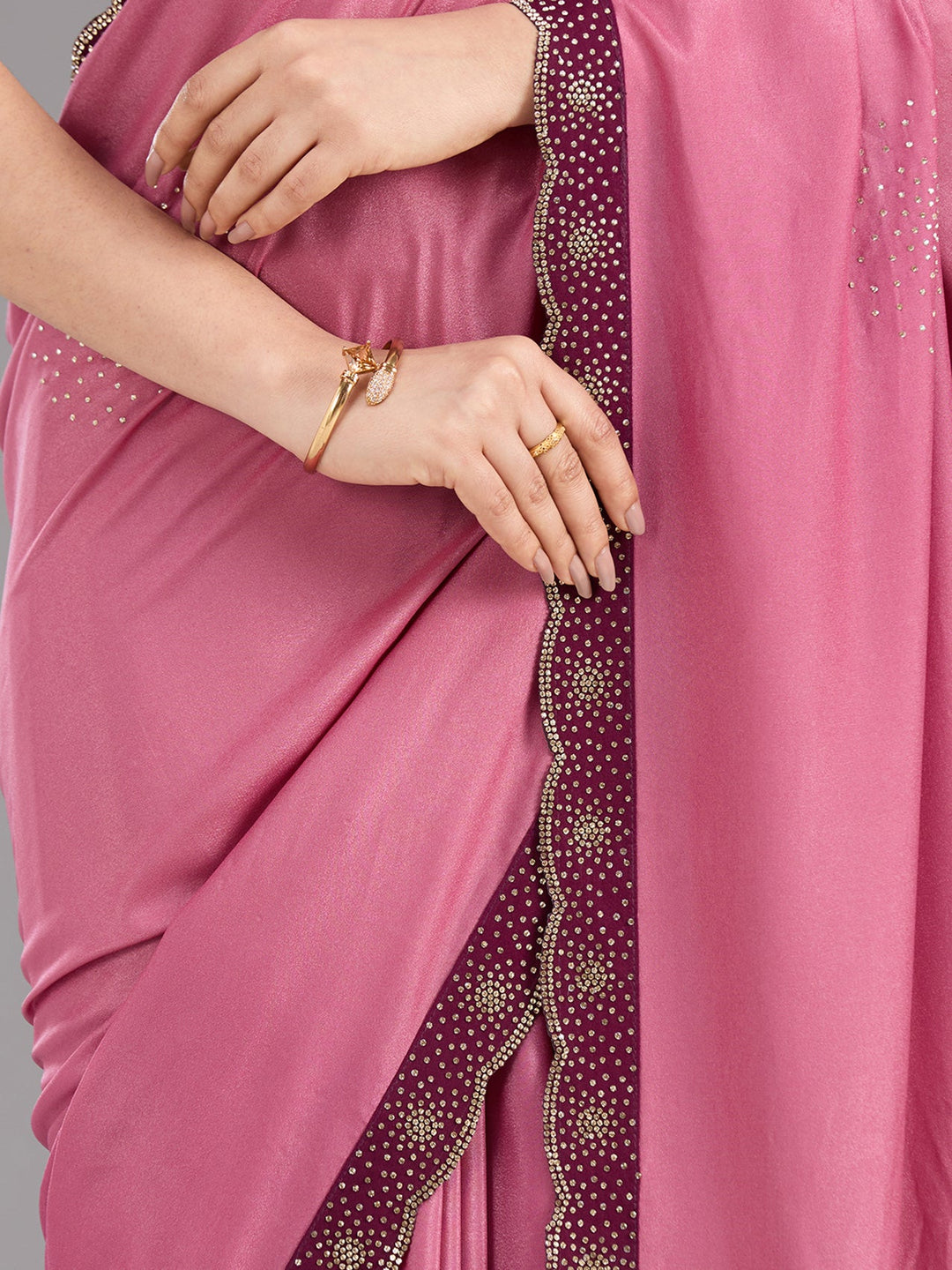 Onion Pink Stonework (Silver) Velvet Saree-Koskii