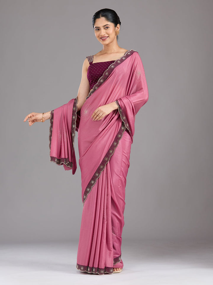 Onion Pink Stonework (Silver) Velvet Saree-Koskii