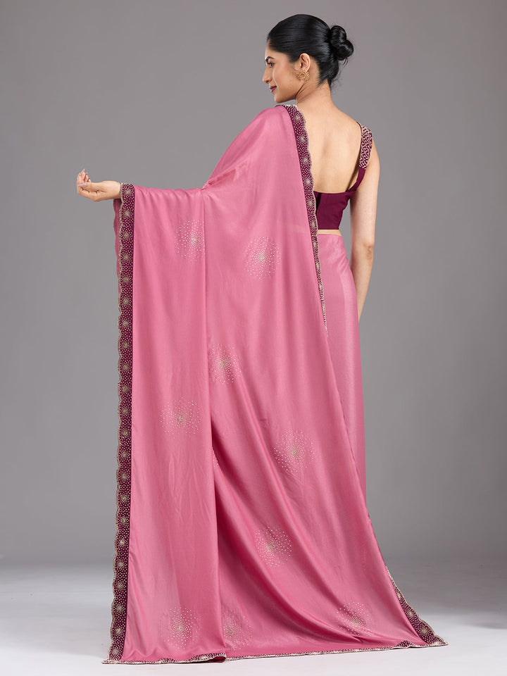 Onion Pink Stonework (Silver) Velvet Saree-Koskii