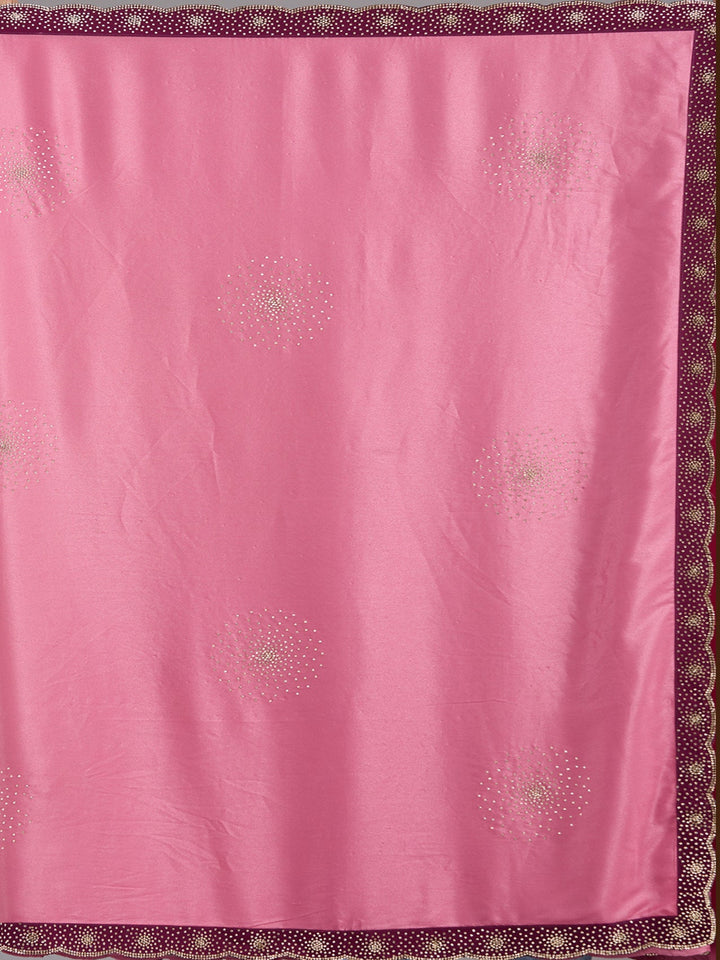 Onion Pink Stonework (Silver) Velvet Saree-Koskii