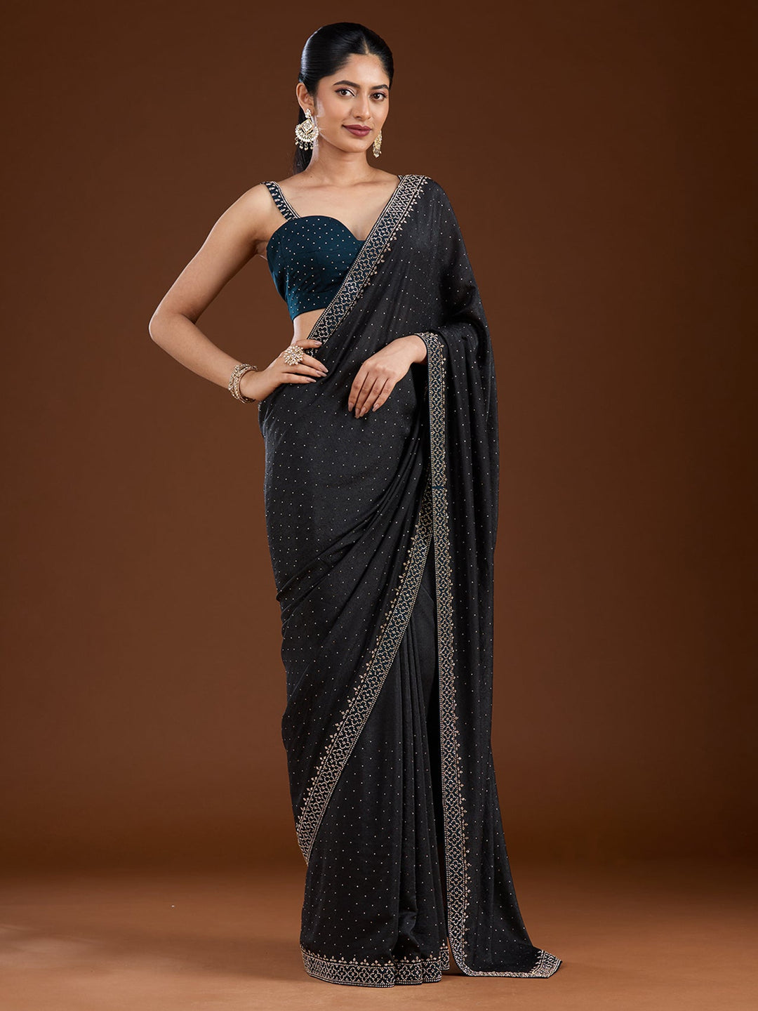 Black Stonework (Silver) Velvet Saree-Koskii
