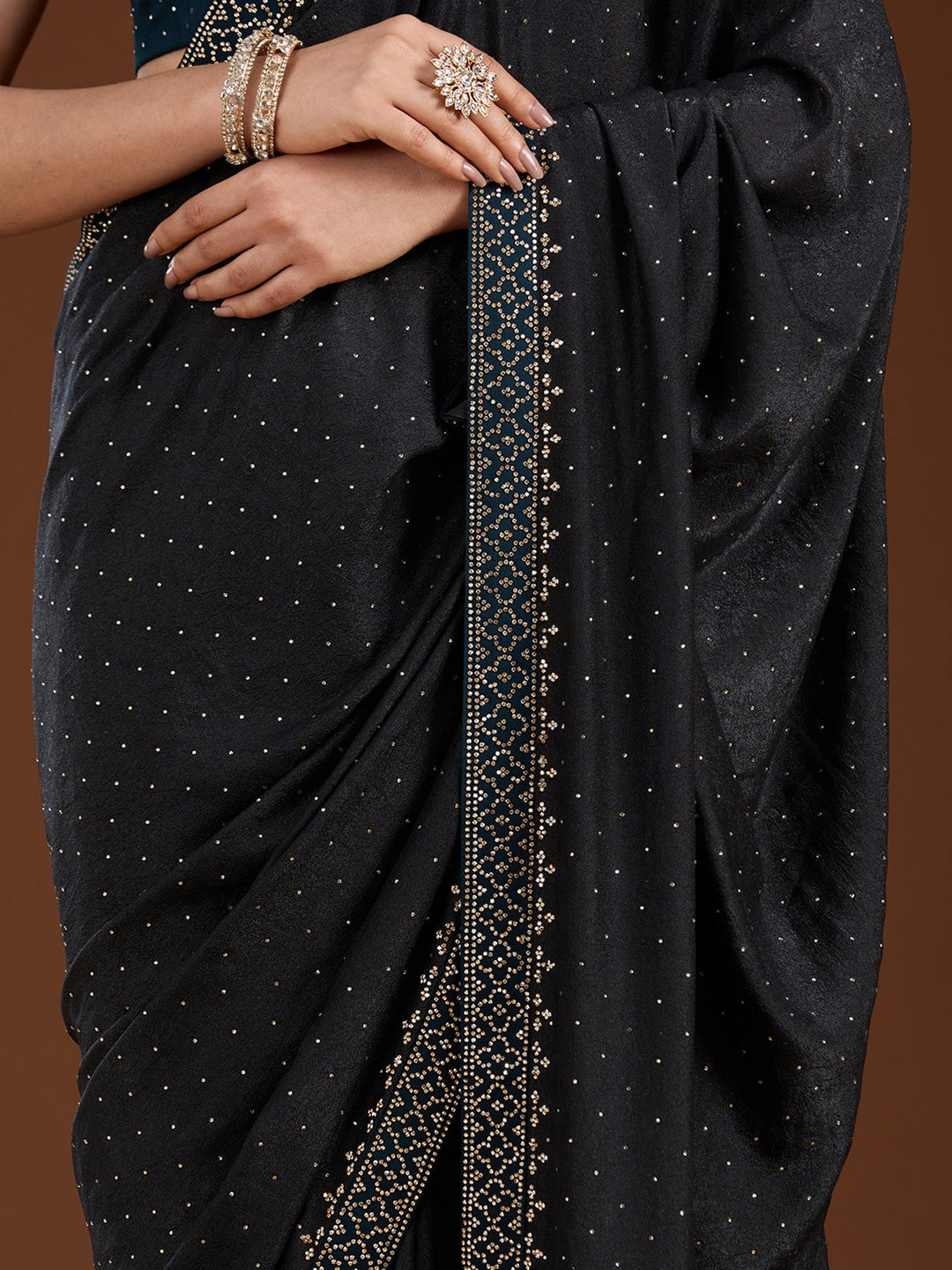 Black Stonework (Silver) Velvet Saree-Koskii