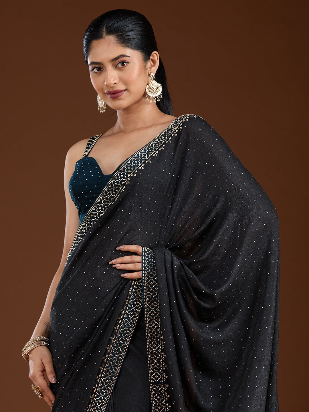 Black Stonework (Silver) Velvet Saree-Koskii