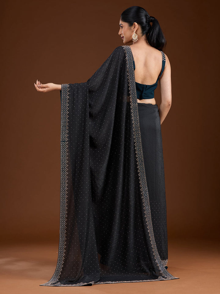 Black Stonework (Silver) Velvet Saree-Koskii