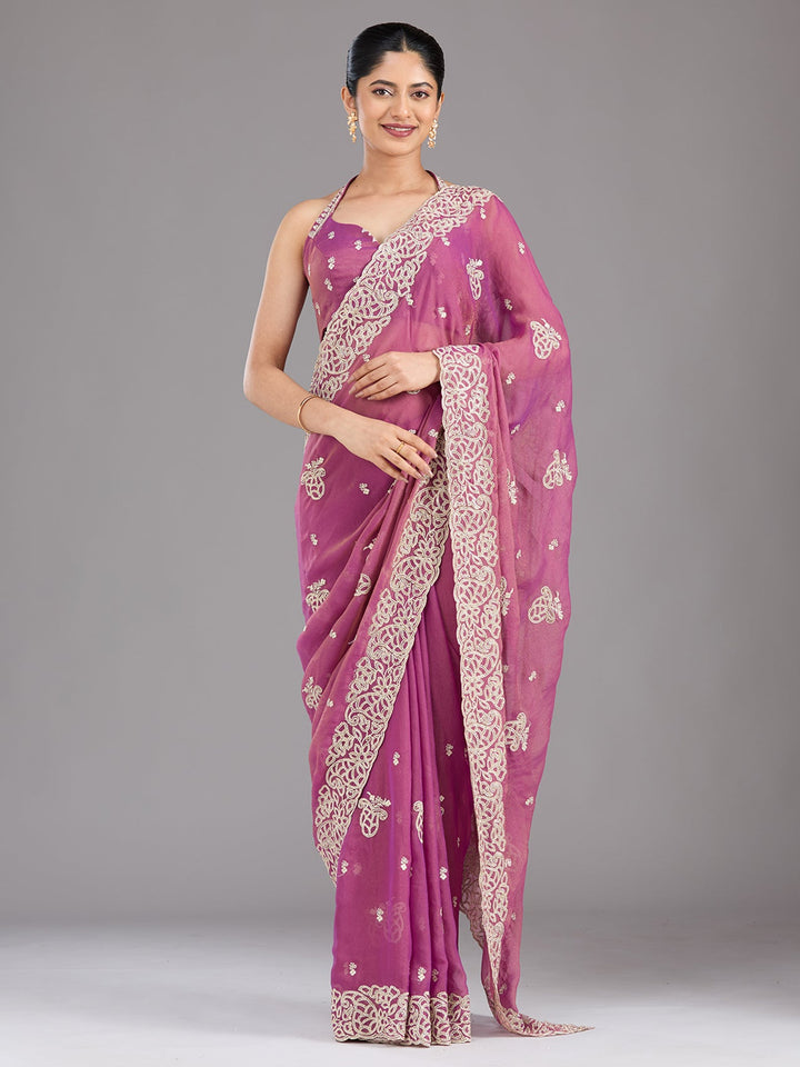 Wine Zariwork (Silver) Tissue Saree-Koskii