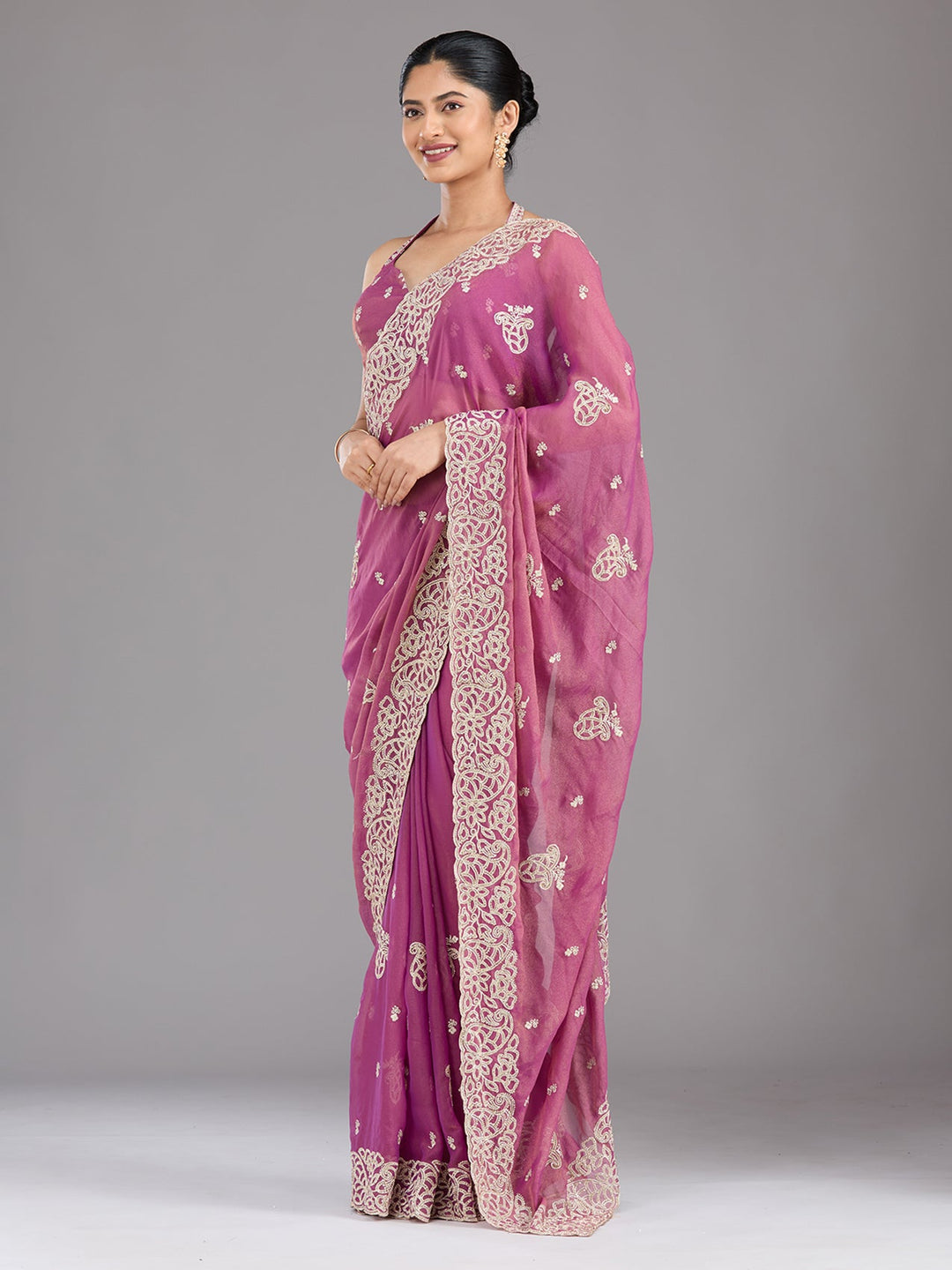 Wine Zariwork (Silver) Tissue Saree-Koskii