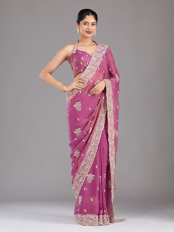 Wine Zariwork (Silver) Tissue Saree-Koskii