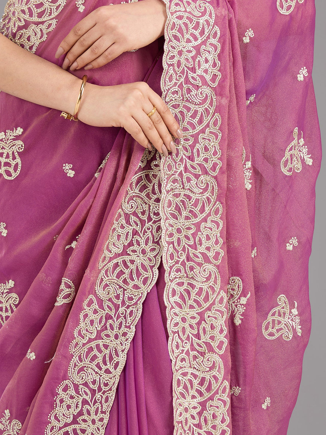 Wine Zariwork (Silver) Tissue Saree-Koskii