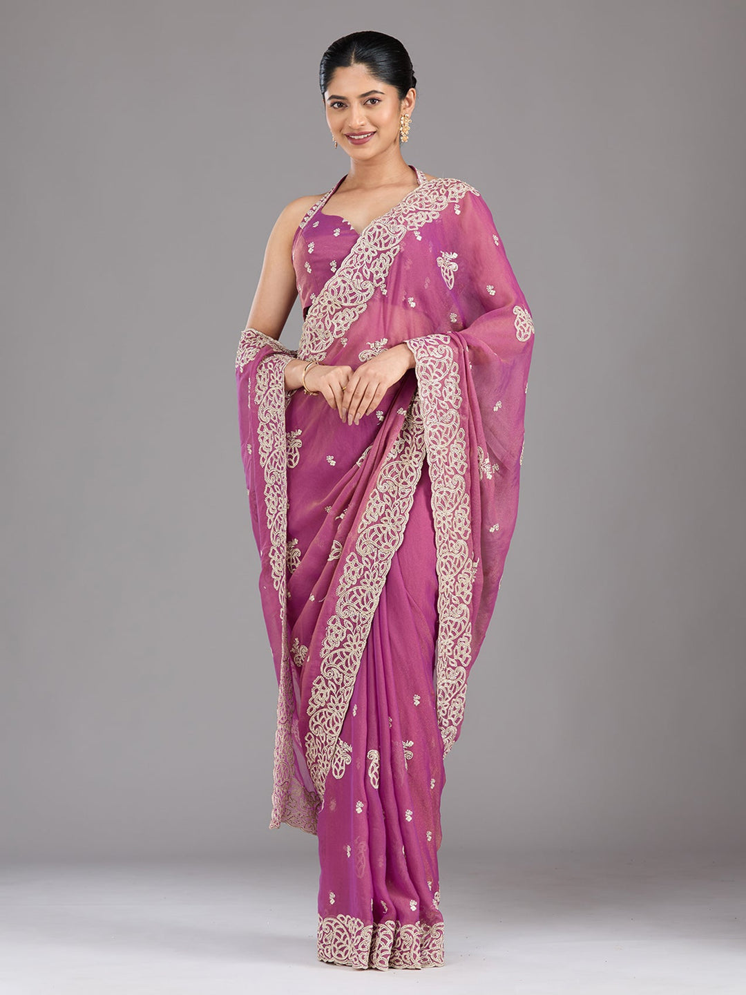 Wine Zariwork (Silver) Tissue Saree-Koskii