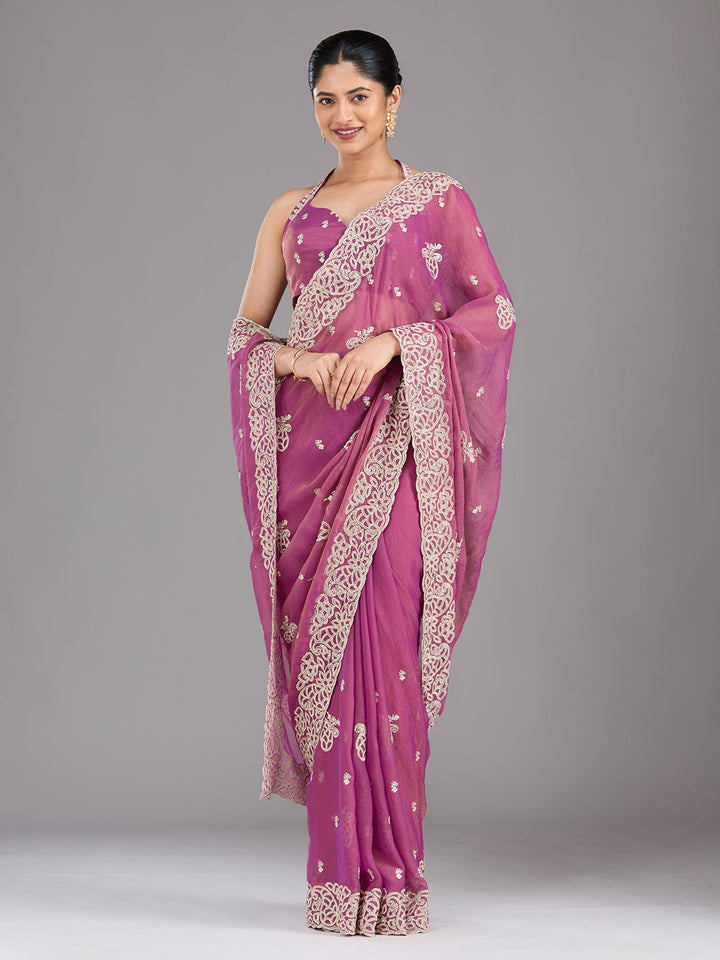 Wine Zariwork (Silver) Tissue Saree-Koskii