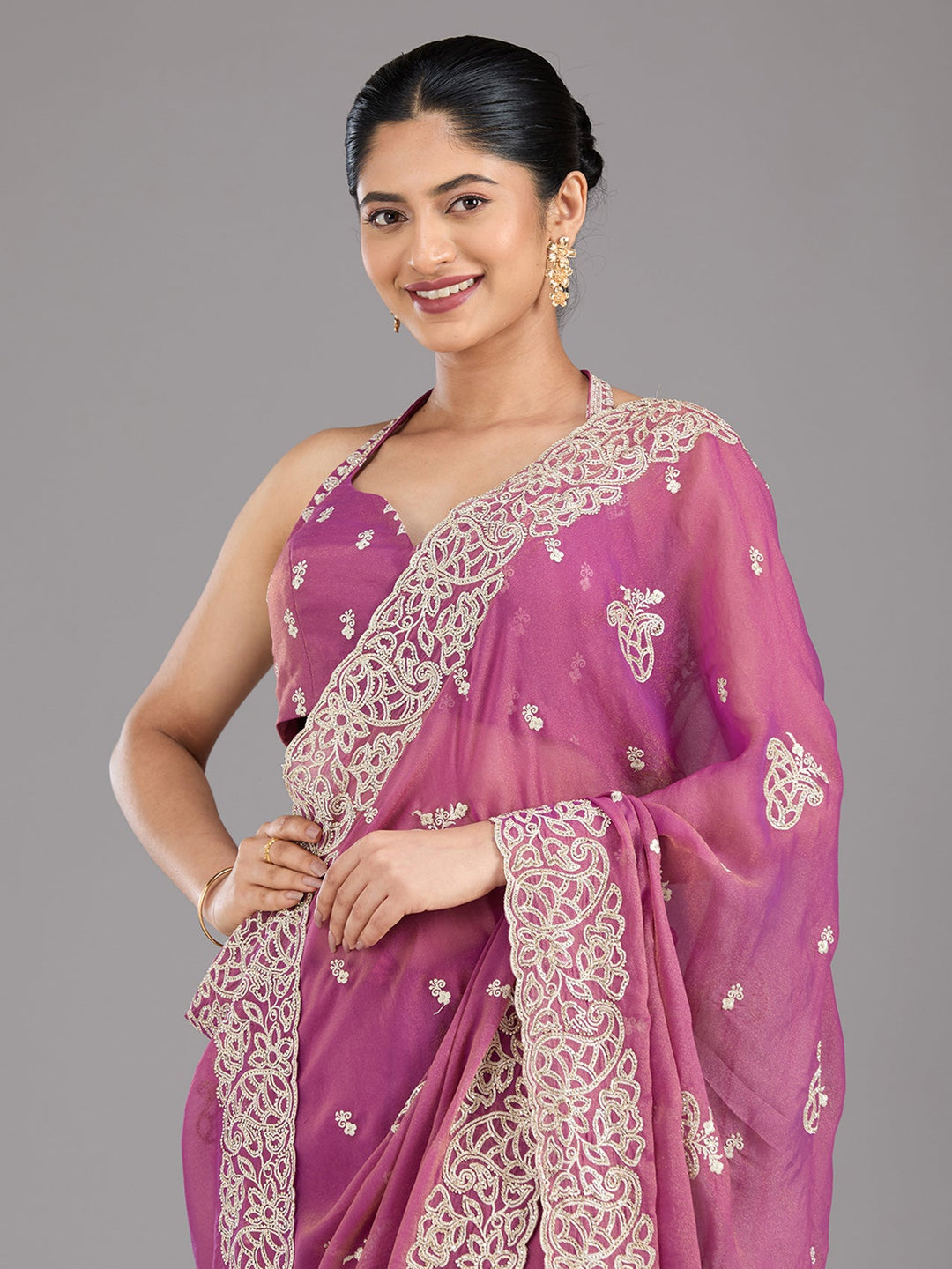 Wine Zariwork (Silver) Tissue Saree-Koskii