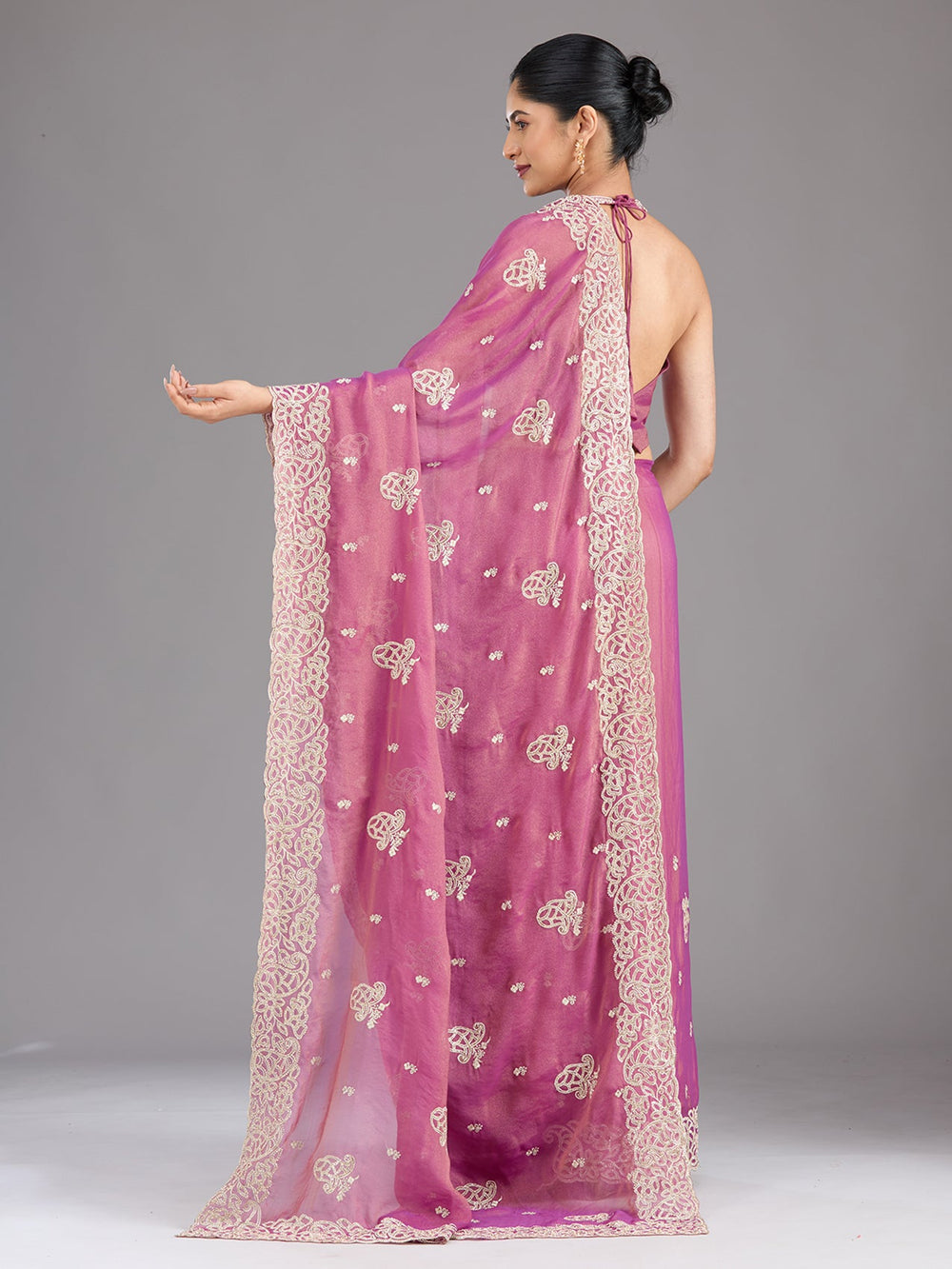 Wine Zariwork (Silver) Tissue Saree-Koskii