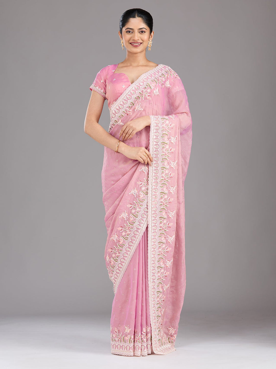 Onion Pink Threadwork Chiffon Saree-Koskii