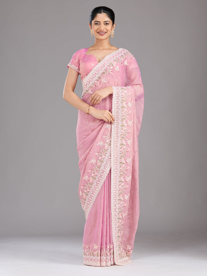 Onion Pink Threadwork Chiffon Saree-Koskii