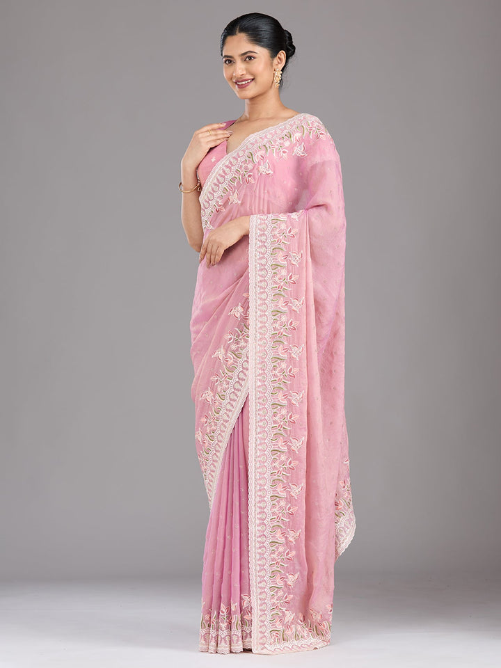 Onion Pink Threadwork Chiffon Saree-Koskii