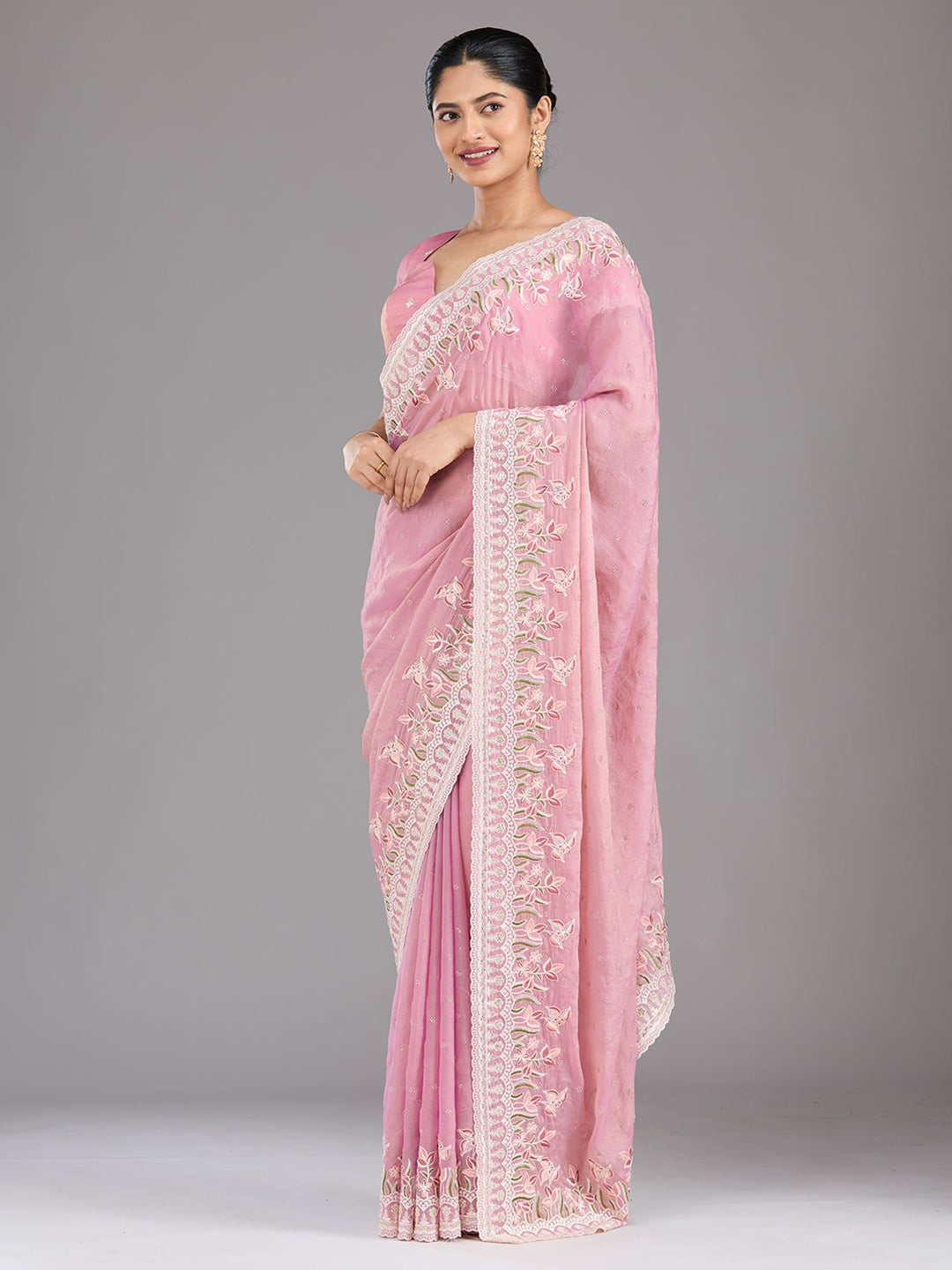 Onion Pink Threadwork Chiffon Saree-Koskii