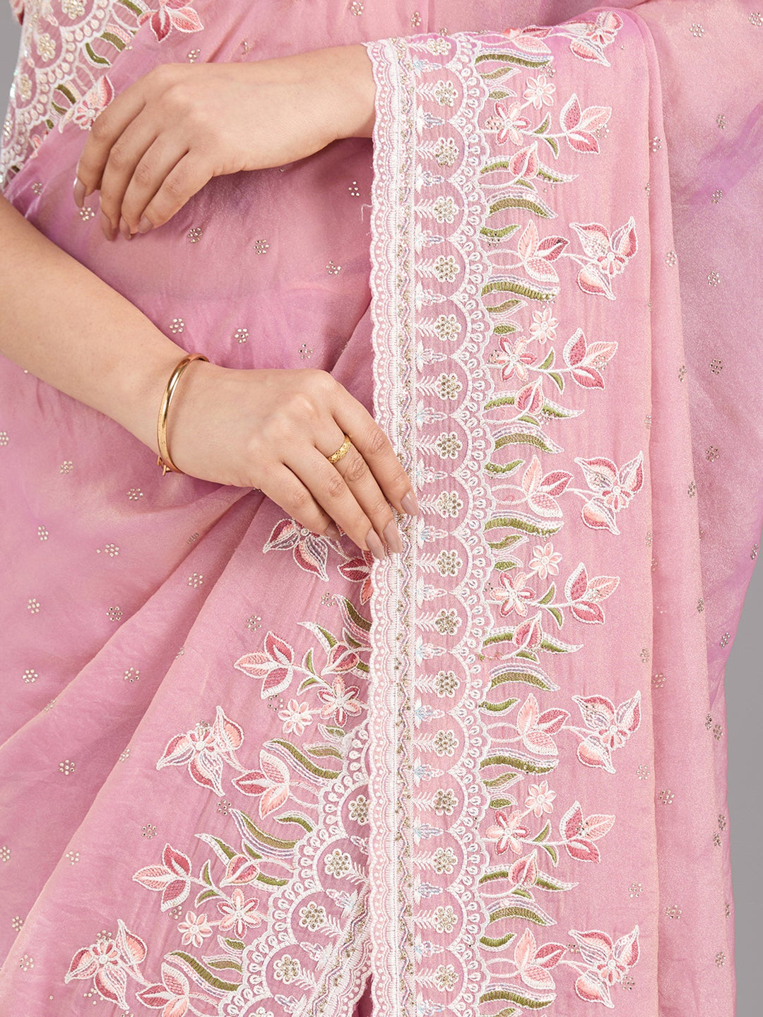 Onion Pink Threadwork Chiffon Saree-Koskii