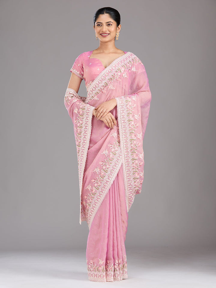 Onion Pink Threadwork Chiffon Saree-Koskii