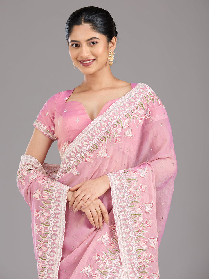 Onion Pink Threadwork Chiffon Saree-Koskii