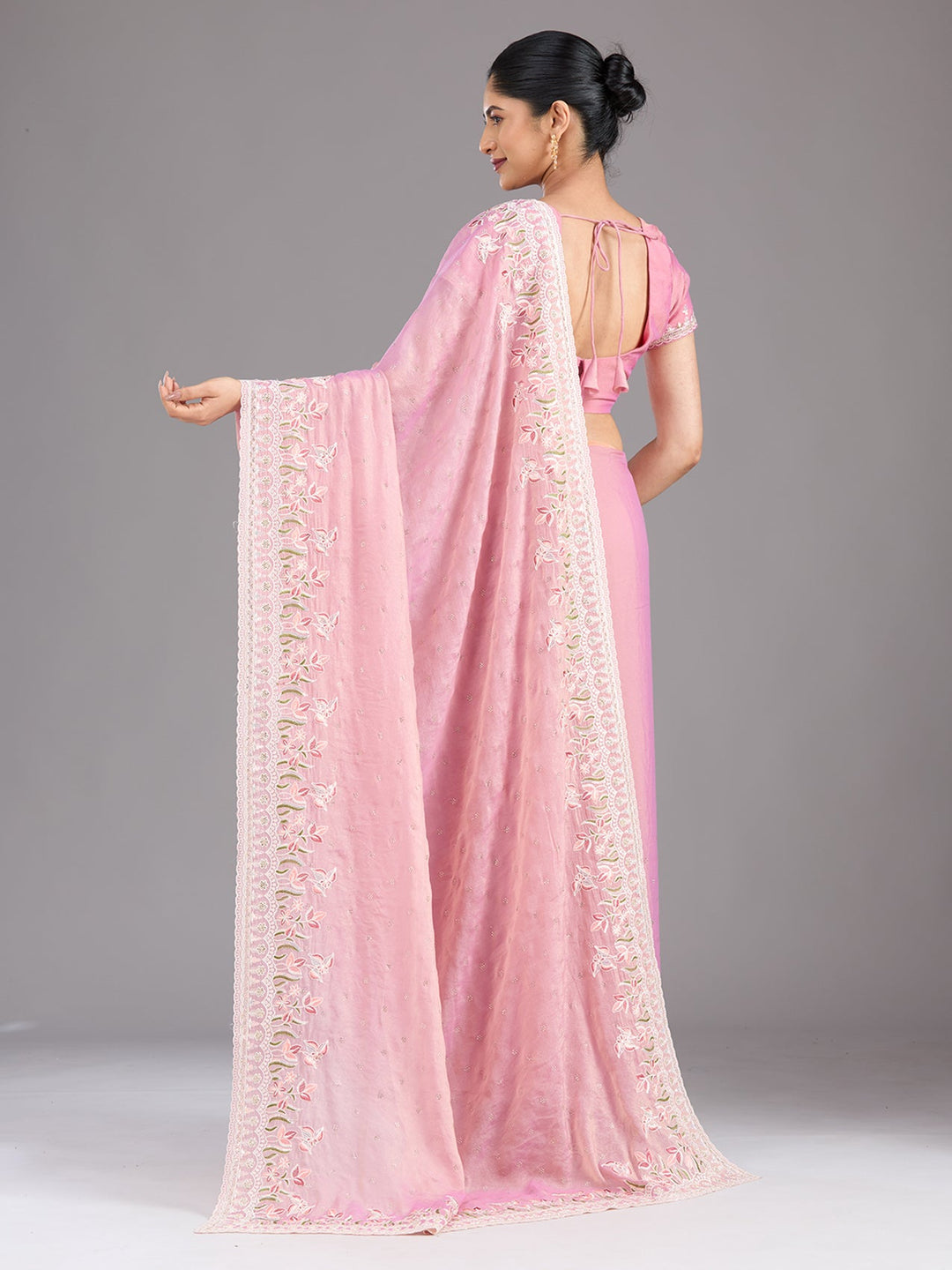 Onion Pink Threadwork Chiffon Saree-Koskii