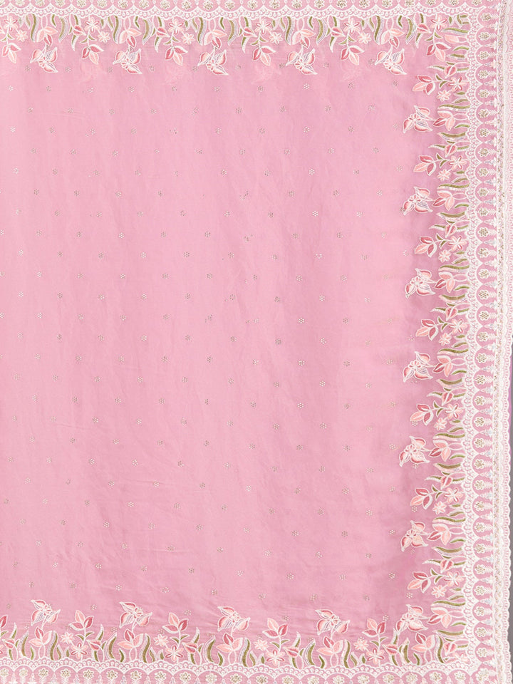 Onion Pink Threadwork Chiffon Saree-Koskii