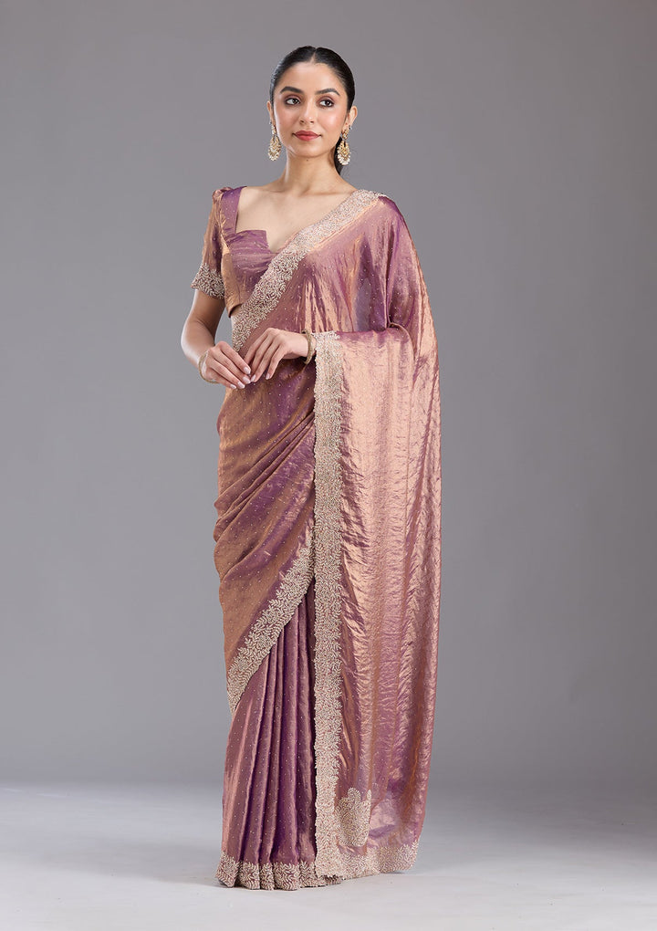 Dark Lavender Stonework (Gold) Tissue Saree-koskii