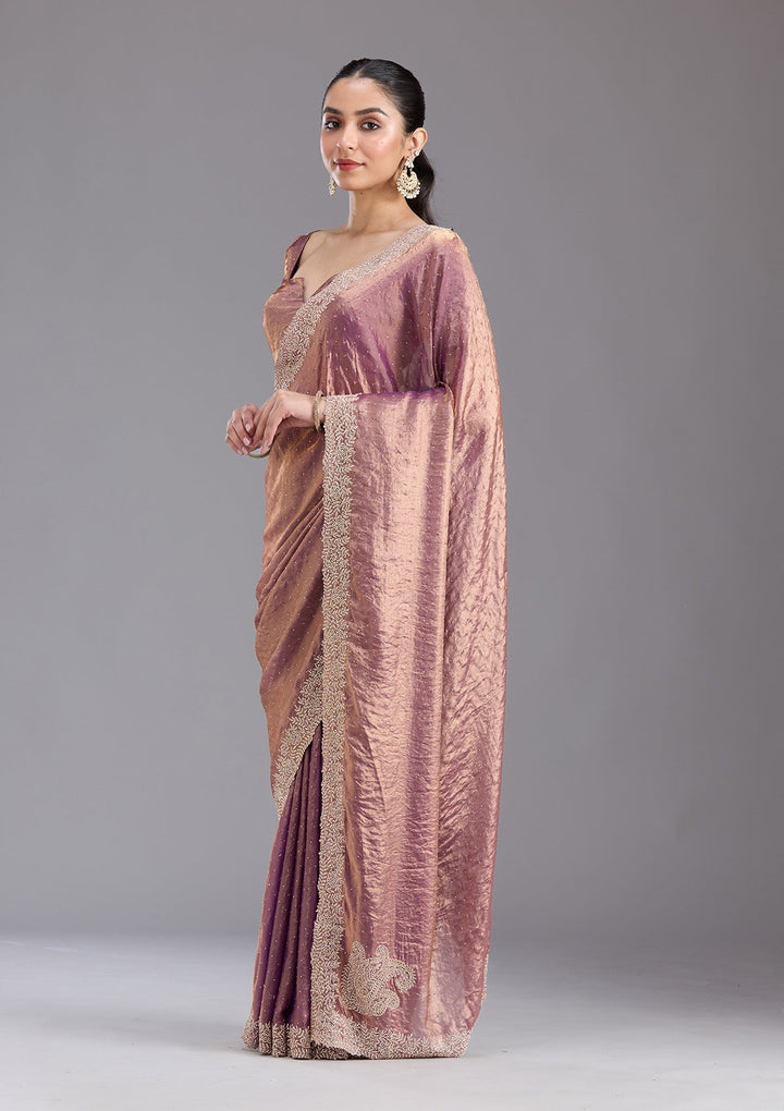 Dark Lavender Stonework (Gold) Tissue Saree-koskii