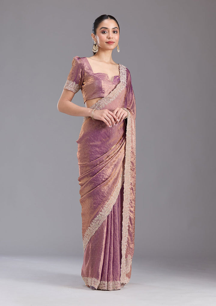 Dark Lavender Stonework (Gold) Tissue Saree-koskii