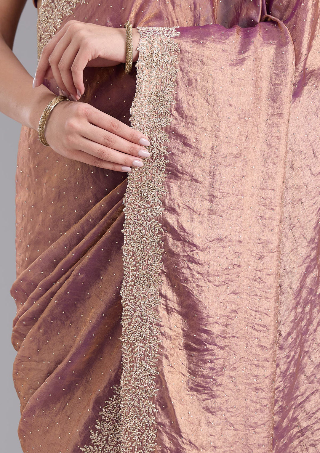 Dark Lavender Stonework (Gold) Tissue Saree-koskii