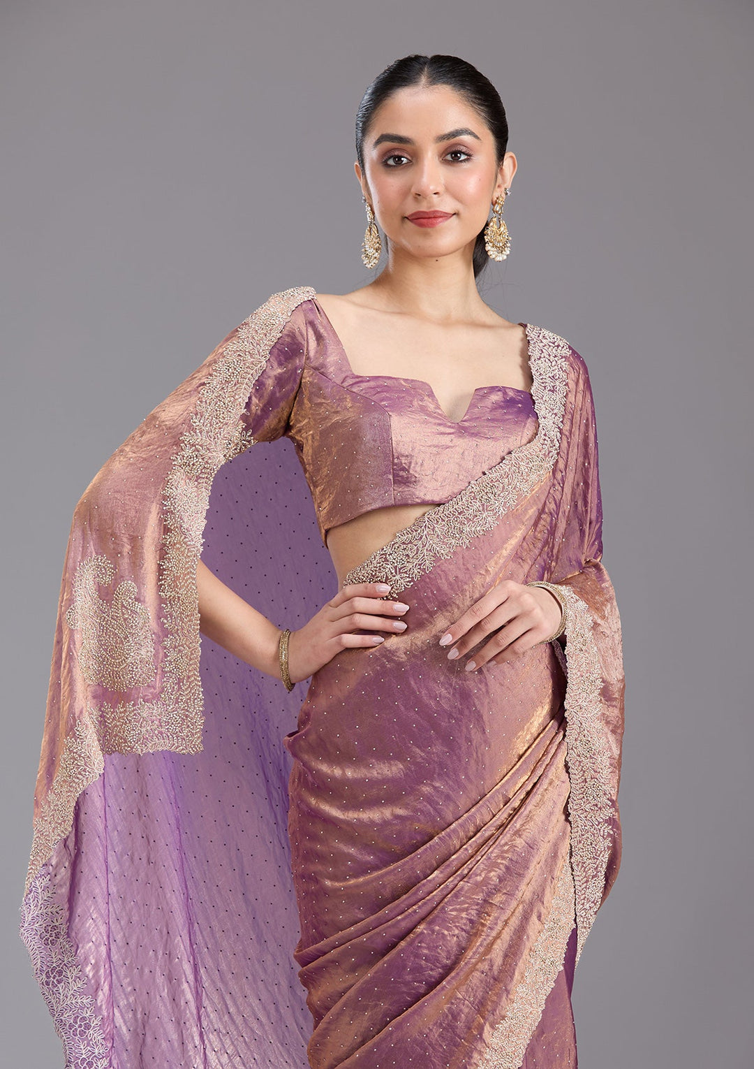 Dark Lavender Stonework (Gold) Tissue Saree-koskii