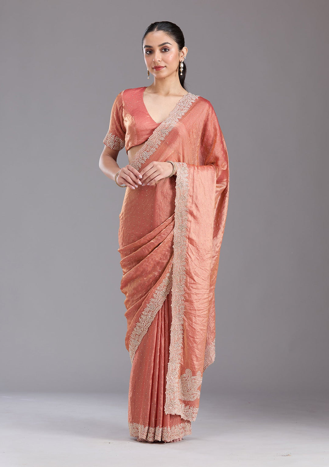 Rust Stonework (Gold) Tissue Saree-koskii