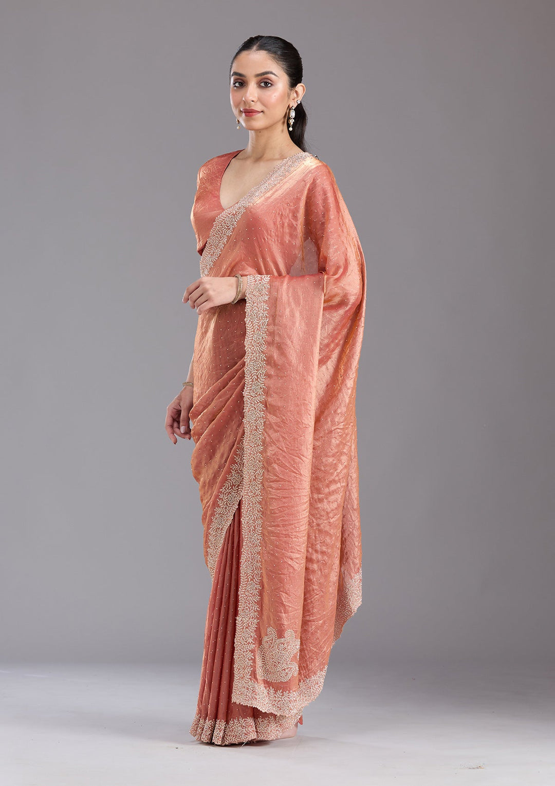 Rust Stonework (Gold) Tissue Saree-koskii