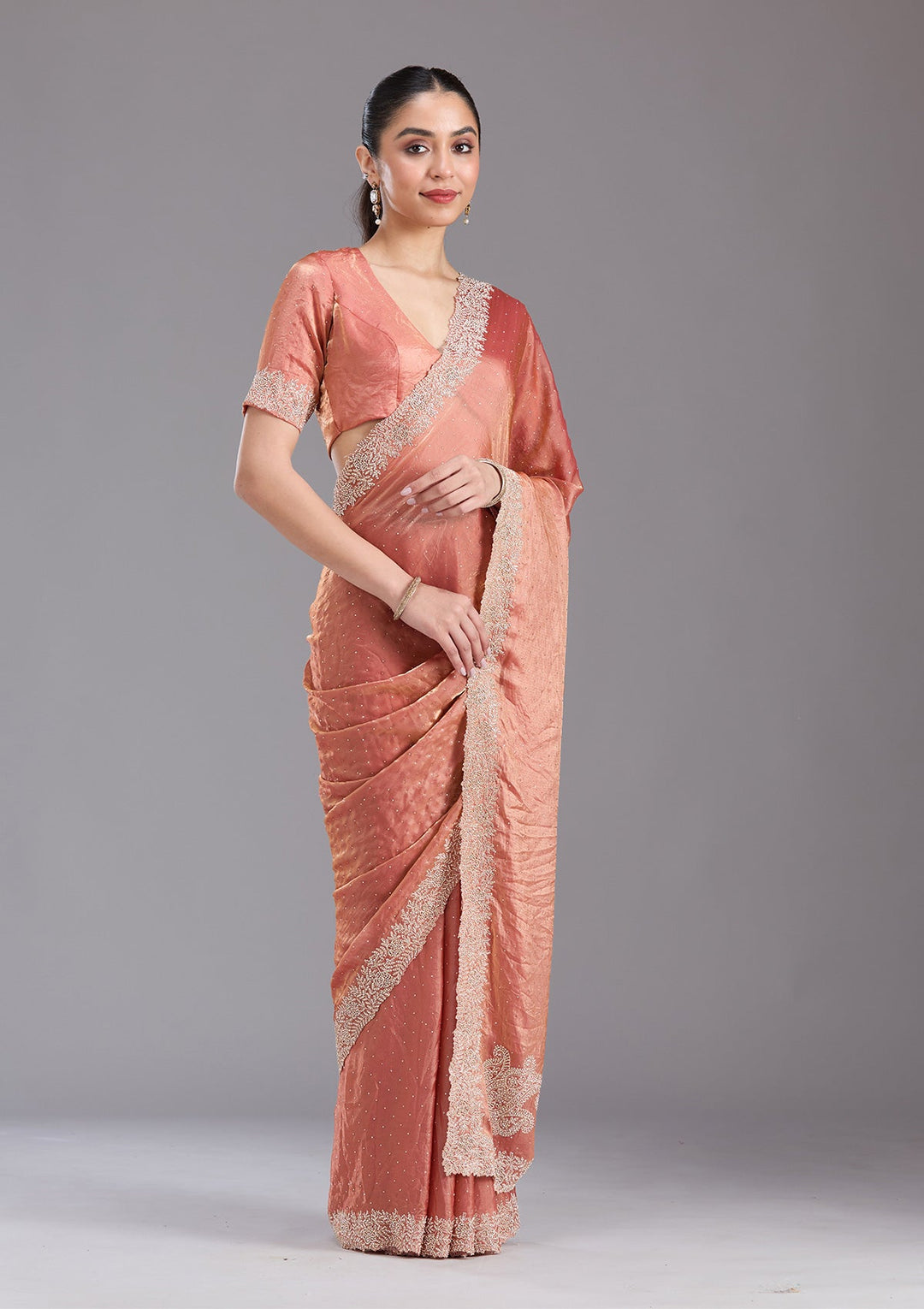 Rust Stonework (Gold) Tissue Saree-koskii
