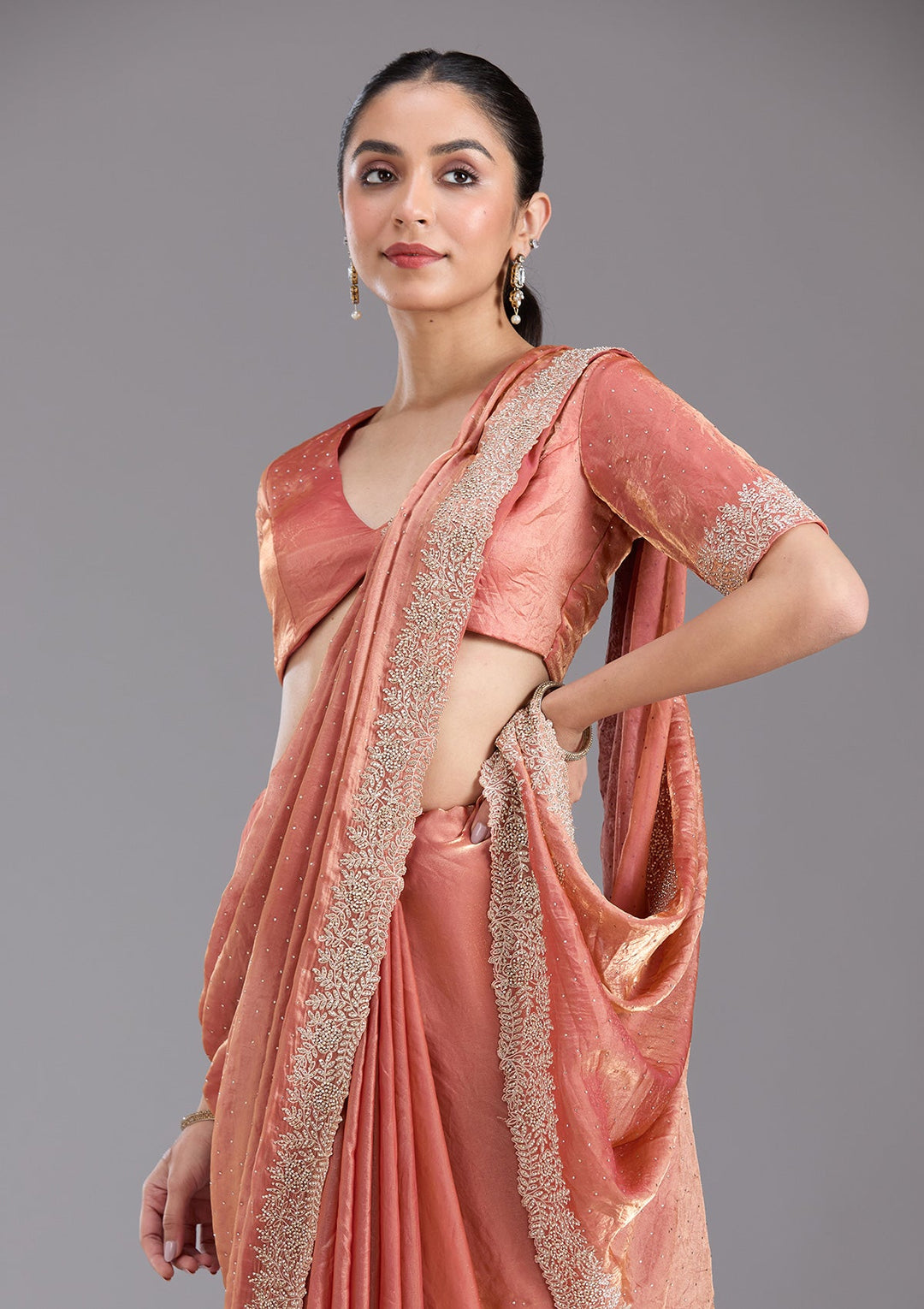 Rust Stonework (Gold) Tissue Saree-koskii