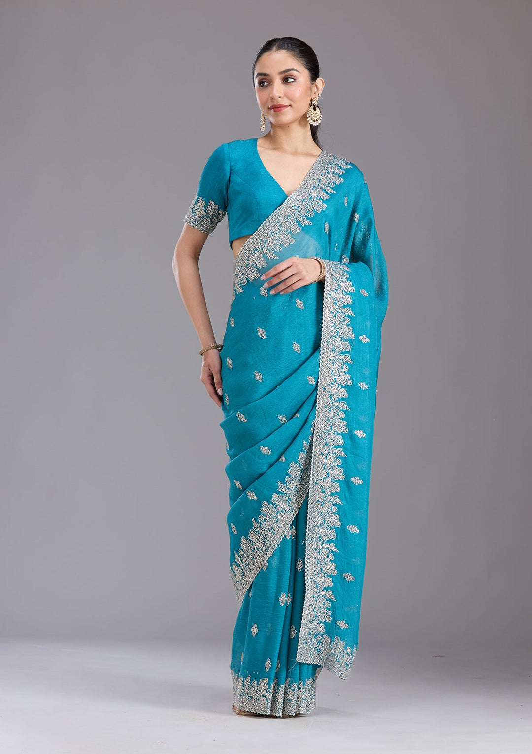 Blue Threadwork Tissue Saree-koskii