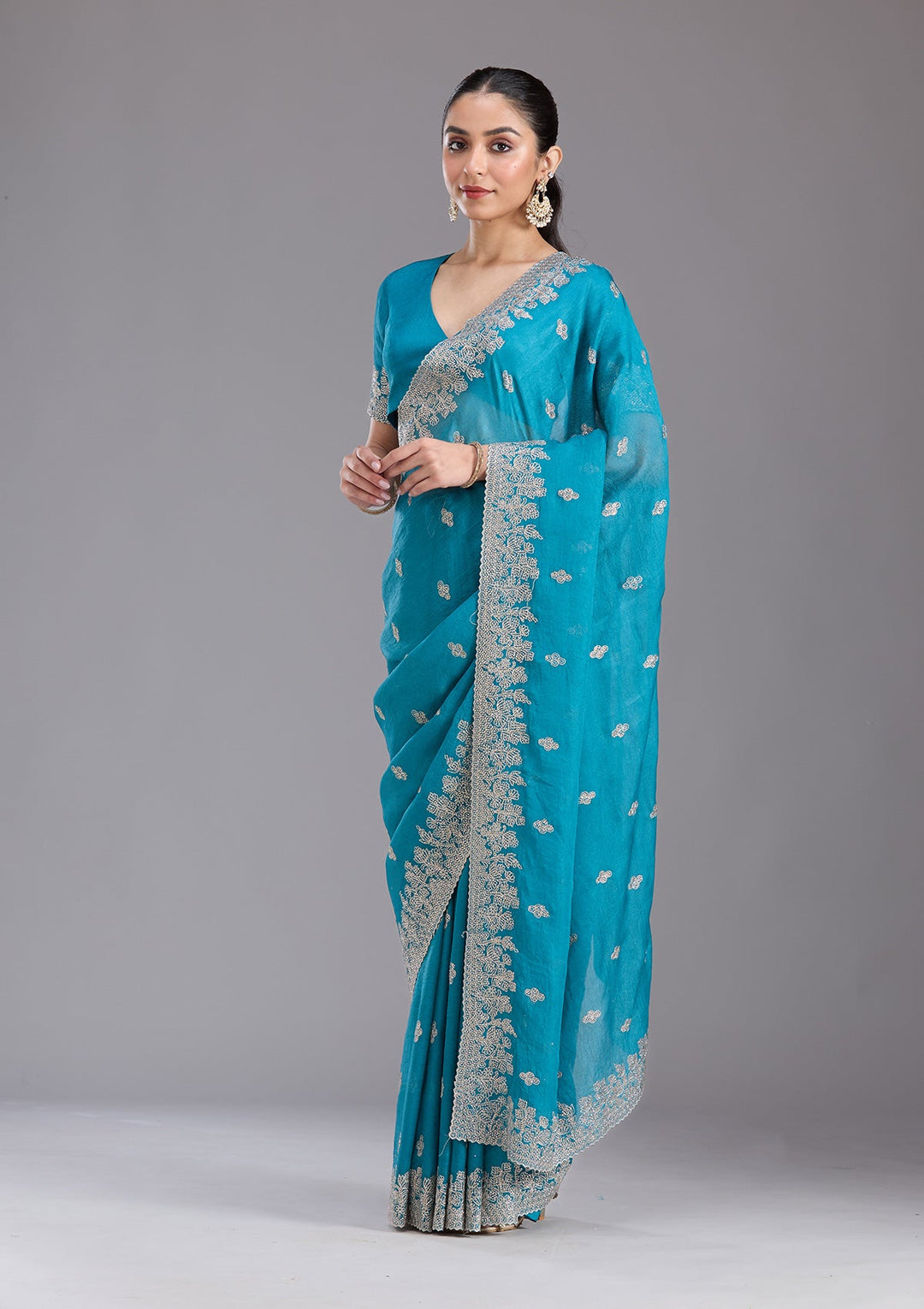 Blue Threadwork Tissue Saree-koskii