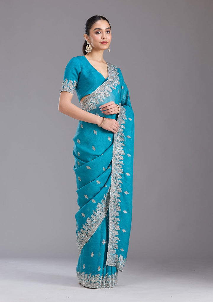 Blue Threadwork Tissue Saree-koskii