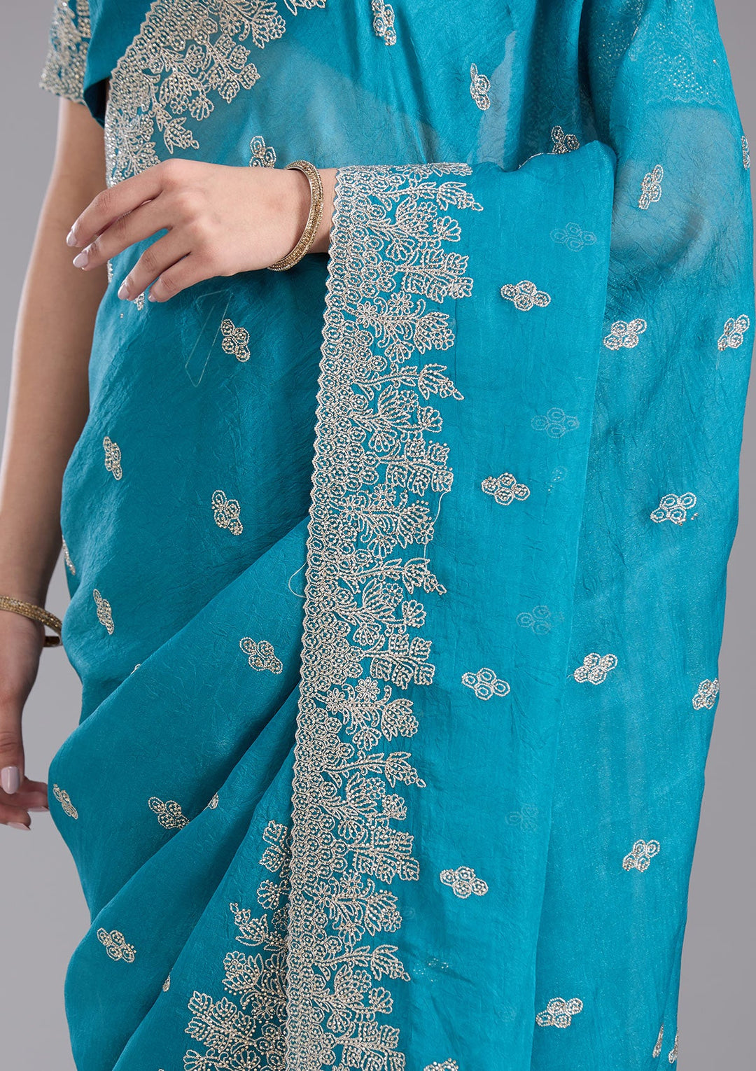 Blue Threadwork Tissue Saree-koskii