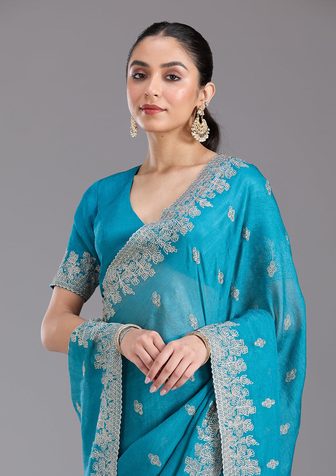 Blue Threadwork Tissue Saree-koskii
