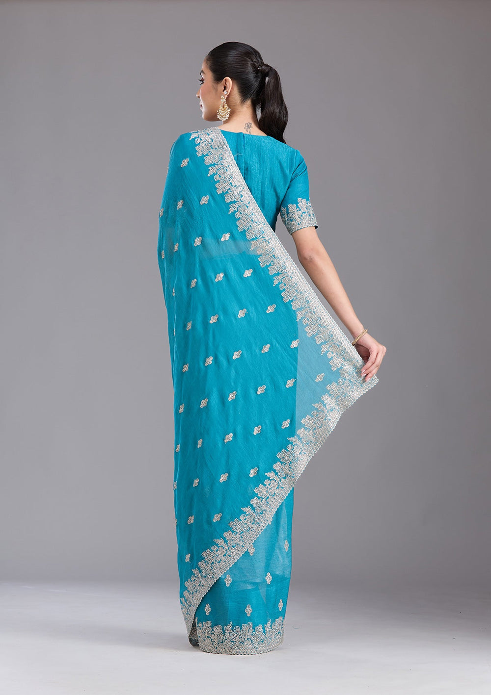 Blue Threadwork Tissue Saree-koskii