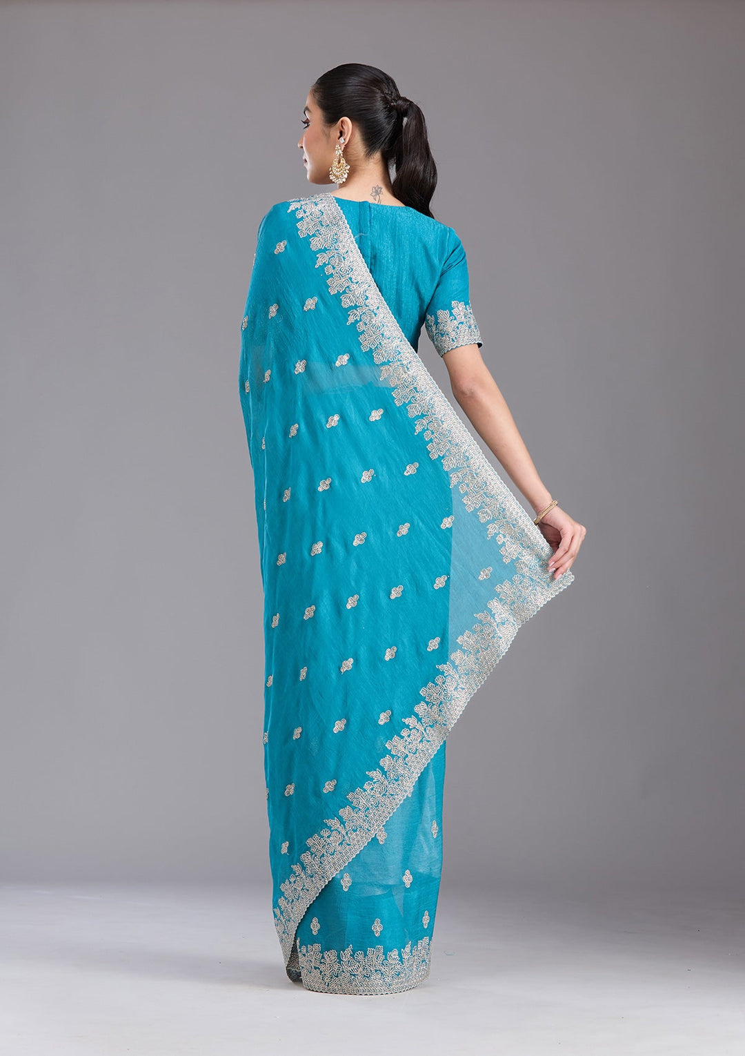 Blue Threadwork Tissue Saree-koskii