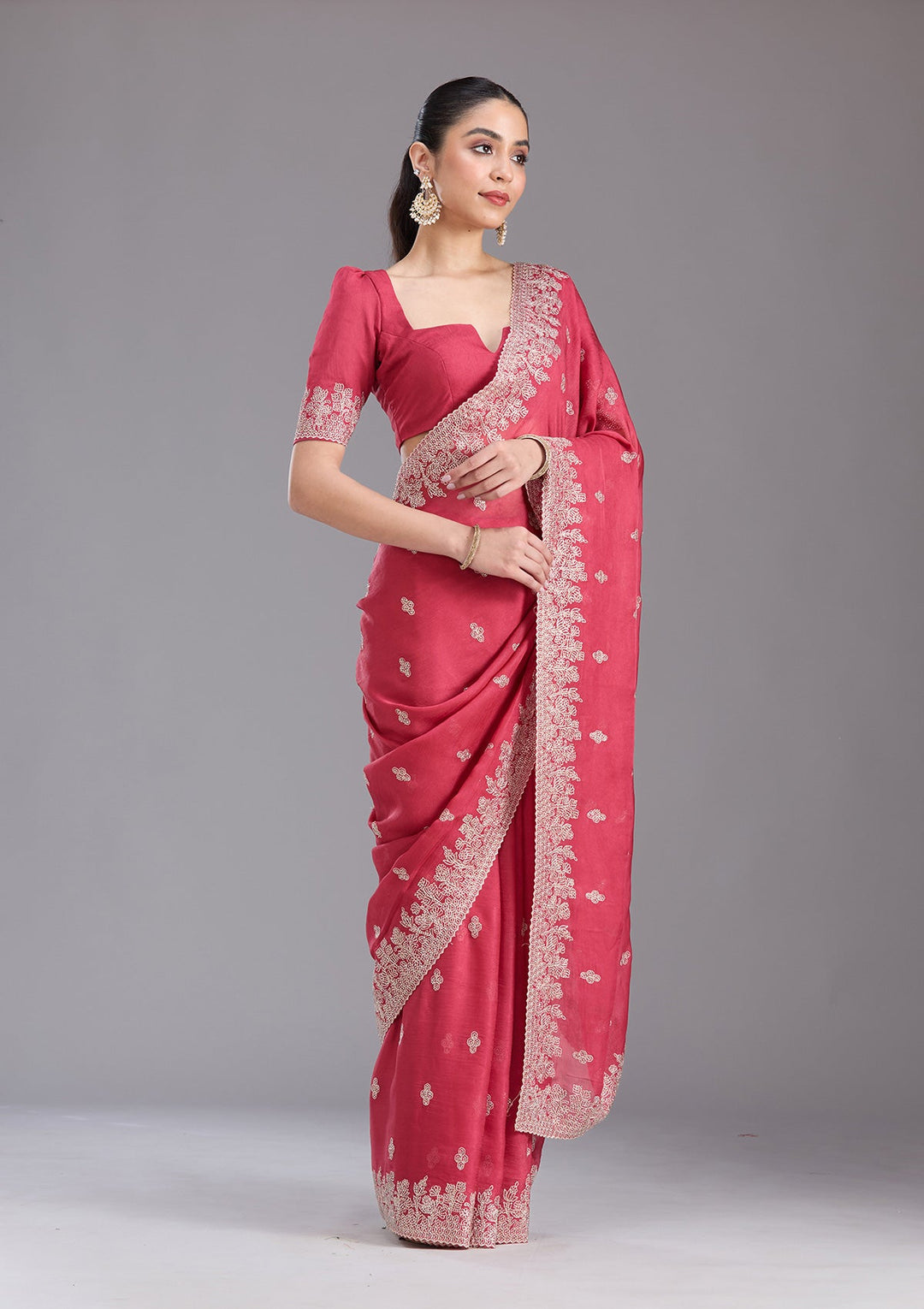 Pink Threadwork Tissue Saree-koskii