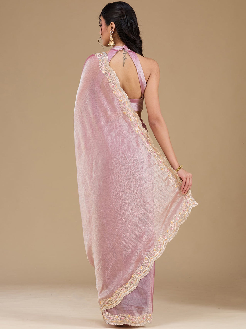Onion Pink Zariwork (Gold) Tissue Saree-koskii