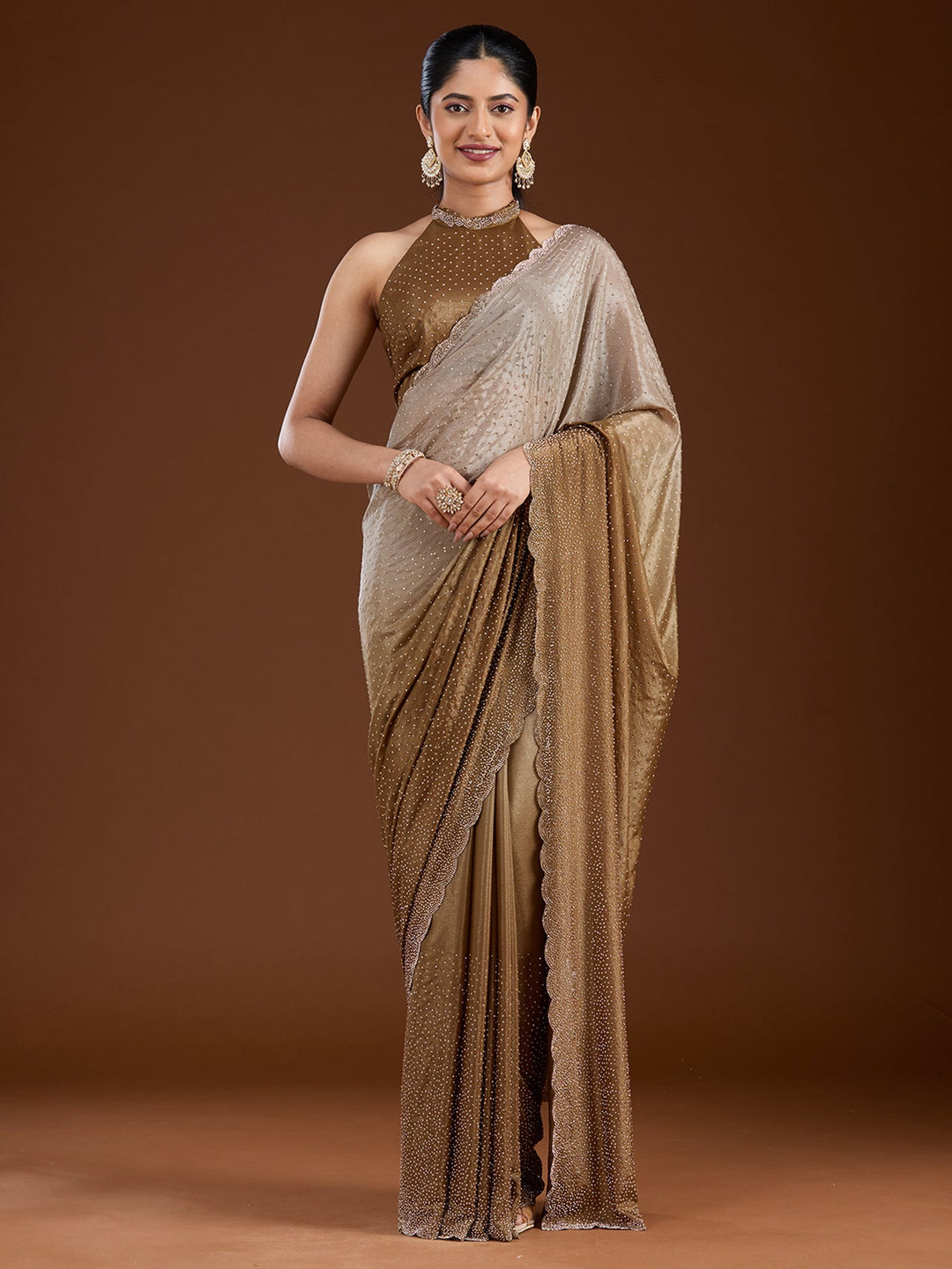 Light Grey Stonework (Gold) Satin Saree-Koskii