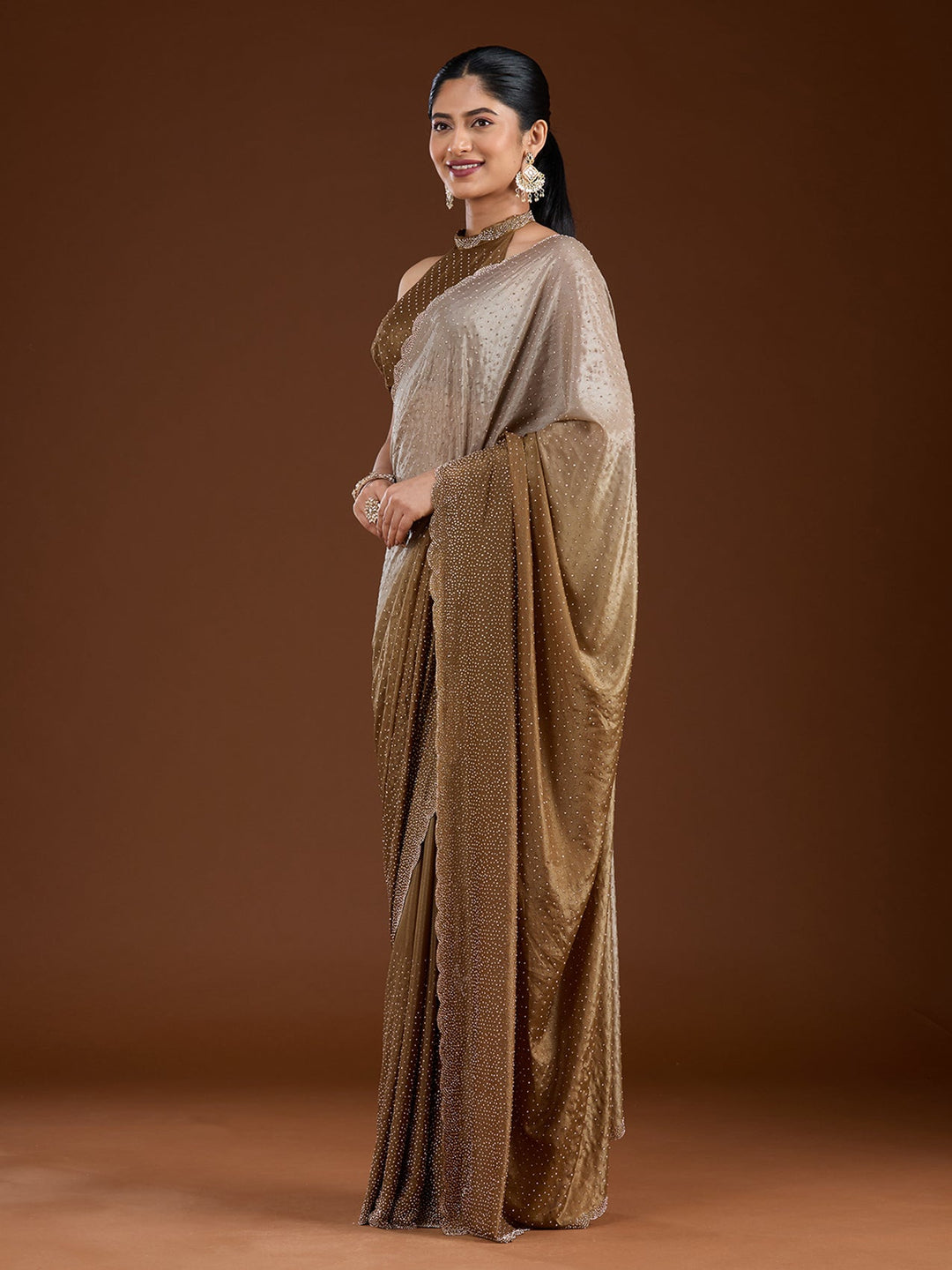 Light Grey Stonework (Gold) Satin Saree-Koskii